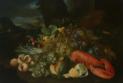 A Basket Of Lemons Asparagus Peaches A Melon Plums Grapes And Other Fruit With A Lobster In A Landscape