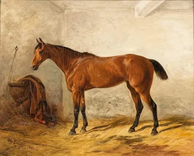 A Bay Horse In A Stable With Saddle Blanket