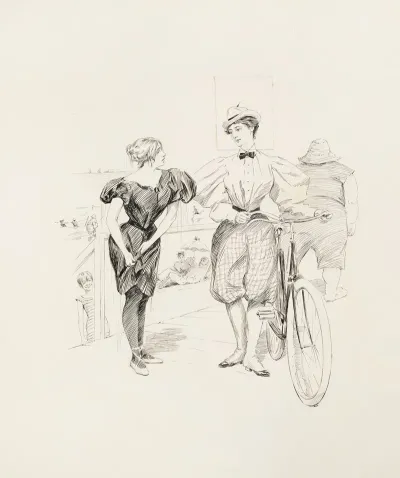 A Beach Boardwalk Two Women Talk One Of Them With A Bicycle While Others Enjoy The Beach And Water Behind Them