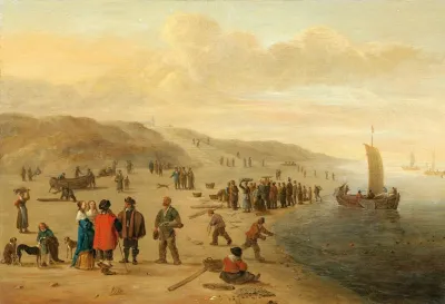 A Beach Scene With Fishermen And Their Boats