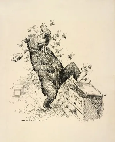 A Bear Representing Russia Breaks Into A Beehive Representing Korea To Steal The Honey But Is Overwhelmed By The Attack Of The Bees