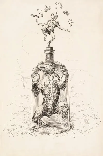 A Bear Representing Russia Is Trapped In A Bottle While A Small Man Dances On Top Juggling Ships