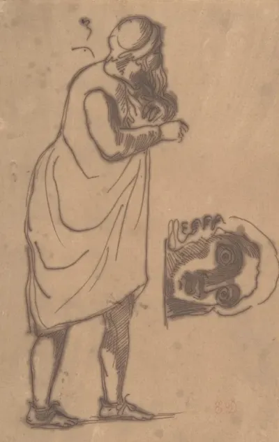 A Bearded Man Standing And A Classical Head