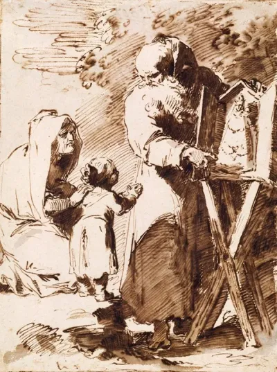 A Bearded Monk Showing A Portable Altar To A Praying Child With An Old Woman Kneeling