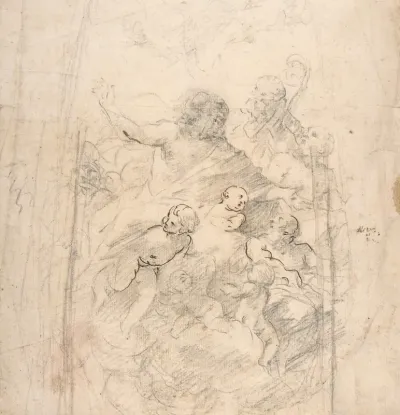 A Bearded Prophet In Glory Attended By A Bishop Two Other Male Saints And Angels Design For A Section Of A Dome
