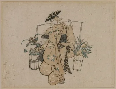 A Beauty Carrying Two Buckets Of Flowers