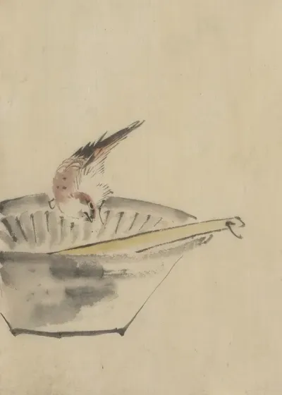 A Bird Perched On The Edge Of A Bowl With Head Cocked Looking At A Utensil In The Bowl