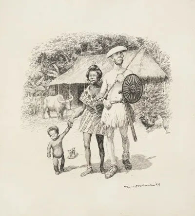 A Black Family Stands Before Their Hut And Animals