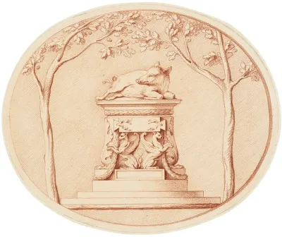 A Boar On A Sacrifical Altar Flanked By Trees