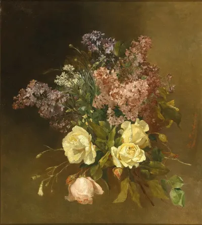 A Bouquet Of Flowers With Lilacs And Roses
