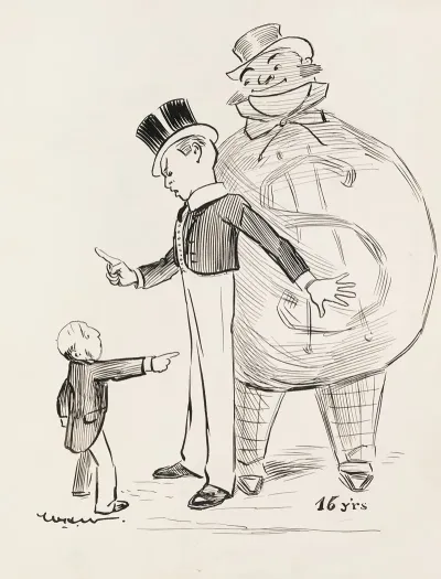 A Boy At Age 16 Angrily Looking Down On A Small Man And Protecting A Fat Man Behind Him Who Is Depicted As A Large Bag Of Money