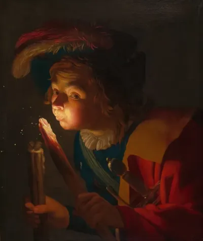 A Boy Blowing On A Firebrand