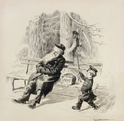 A Boy Dressed As A Police Officer Representing 1908 Prepares To Roust An Old Man 1907 Who Is Sleeping On A Bench