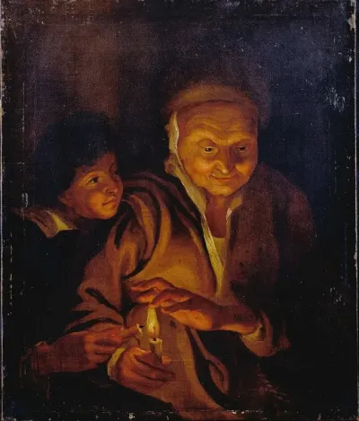 A Boy Lighting A Candle From One Held By An Old Woman