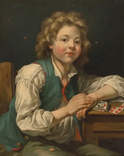 A Boy Seated Beside A Table With Cards