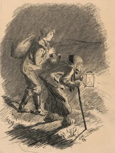 A Boy With A Bundle And An Elderly Peasant Woman With A Stick And A Lamp Walk Through The Darkness At Night