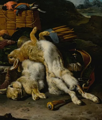 A Brace Of Rabbits And Small Birds With Hunting Equipment In A Landscape