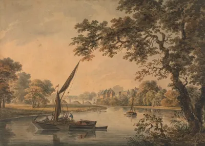 A Bridge Over The Thames With Sailing Barges In The Foreground