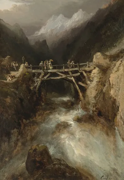 A Bridge With Travellers Crossing A Torrent In The Pyrenees