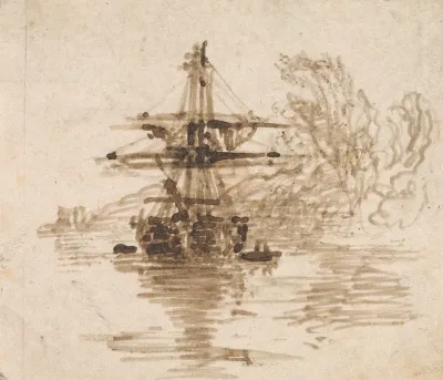 A Brig At Anchor Trees Beyond