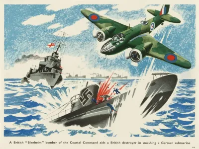 A British Blenheim Bomber Of The Coastal Command Aids A British Destroyer In Smashing A German Submarine