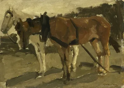 A Brown And A White Horse In Scheveningen