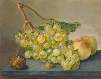 A Bunch Of Grapes A Nut And Two Peaches