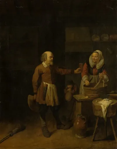 A Butcher Offering A Woman A Glass Of Beer
