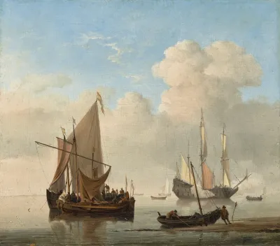 A Calm A Kaag Alongside A Smalschip At Anchor With A Weyschuit Being Pushed Off The Shore And A Man Of War Firing A Salute Beyond