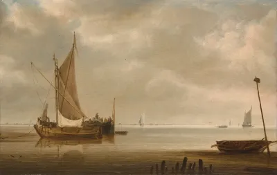 A Calm Estuary With A Smalschip And A Waterschip At Anchor With Other Ships In The Distance