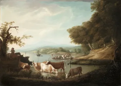 A Calm Watering Place Extensive And Boundless Scene With Cattle