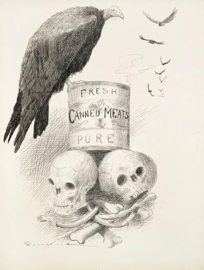 A Can Of Fresh Canned Meats Sits On Top Of Human Bones Vultures Circle The Can And One Sits On It