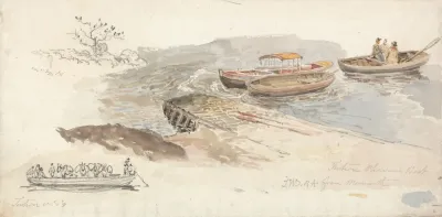 A Canopied Boat And Two Rowing Boats At A Jetty Inset Left A Pencil Study Of The Tintern Livestock Ferry Boat