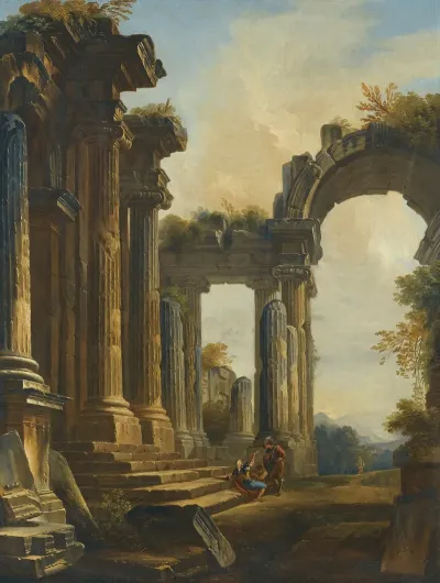 A Capriccio Of Classical Ruins With Three Men Conversing At The Steps Of A Temple