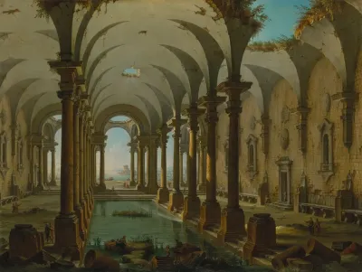 A Capriccio Of Partially Ruined Baths With People Swimming
