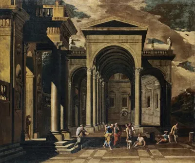 A Capriccio Of The Exterior Of An Elaborate Palace With Saint Peter Healing The Lame