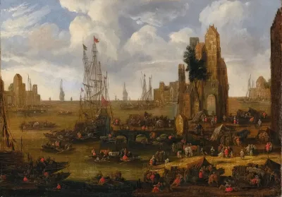 A Capriccio View Of A Busy Harbour Scene With Figures Loading Their Boats