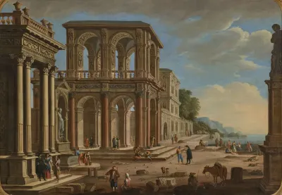 A Capriccio With An Ionic Portico A Fountain A Two Story Loggia A Gothic Palace And Figures On A Quay