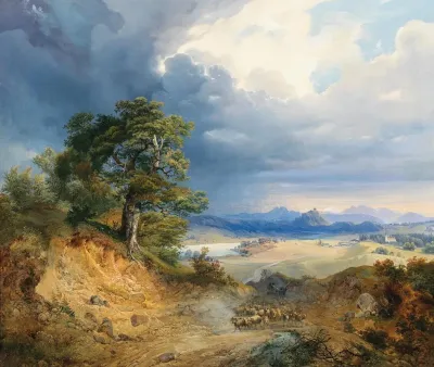 A Carpathian Landscape With A Shepherd And His Cattle