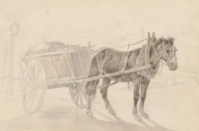 A Cart Drawn By A Brown Horse Near A Lamp Pole