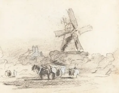 A Cart With Two Horses Near A Windmill