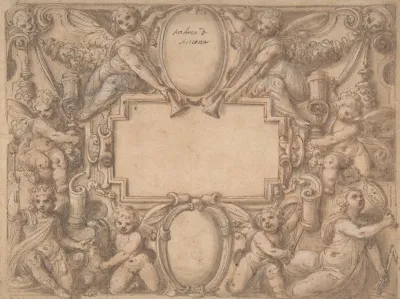 A Cartouche And Two Shields Surrounded By Allegorical Figures