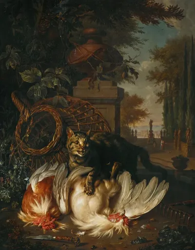A Cat Attacking Chickens By A Basket A Rake And A Knife