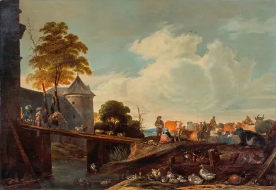 A Cattle Market On The Outskirts Of A Walled Town With Figures And Animals Crossing A Bridge