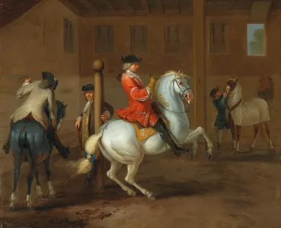 A Cavalier On A Gray Horse In A Riding School