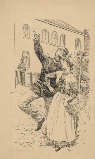 A Cheerful Soldier Takes A Young Maid Who Is At Work By The Arm She Does Not Share His Enthusiasm