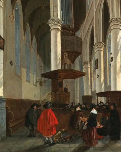 A Church Interior With A Preacher In A Pulpit
