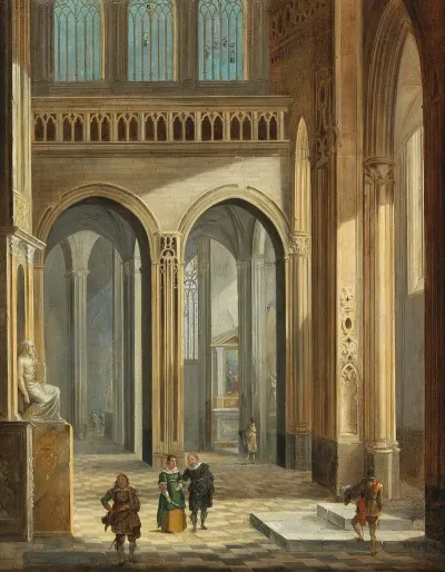 A Church Interior With Figures Dressed In Seventeenth Century Costume