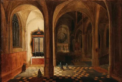 A Church Interior With Worshippers At Prayer