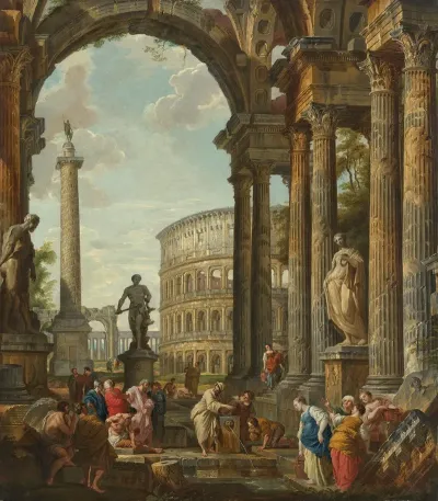 A Classical Capriccio With The Colosseum Trajans Column And The Farnese Hercules With The Philosopher